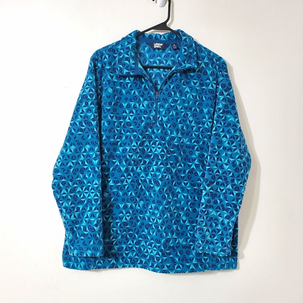 Lands' End Womens Plus Sz 1X Blue Geometric Fleece Mock Neck Quarter Zip Sweater